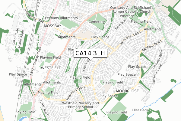 CA14 3LH map - small scale - OS Open Zoomstack (Ordnance Survey)