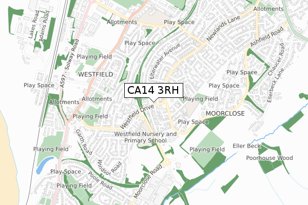 CA14 3RH map - small scale - OS Open Zoomstack (Ordnance Survey)