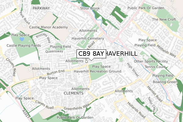 CB9 8AY map - small scale - OS Open Zoomstack (Ordnance Survey)