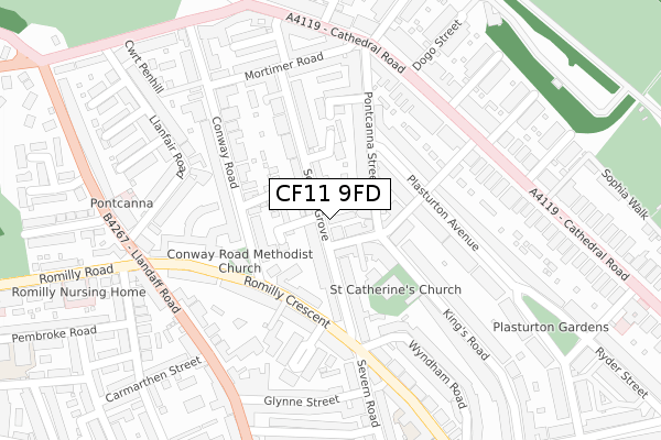 CF11 9FD map - large scale - OS Open Zoomstack (Ordnance Survey)