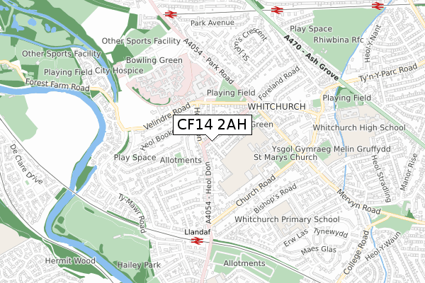 CF14 2AH map - small scale - OS Open Zoomstack (Ordnance Survey)