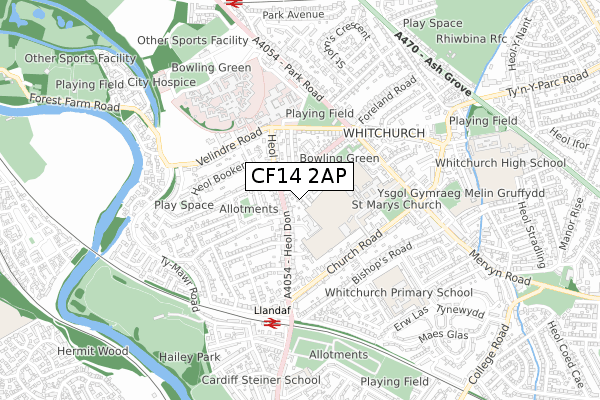 CF14 2AP map - small scale - OS Open Zoomstack (Ordnance Survey)