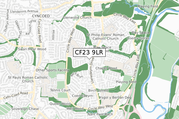 CF23 9LR map - small scale - OS Open Zoomstack (Ordnance Survey)