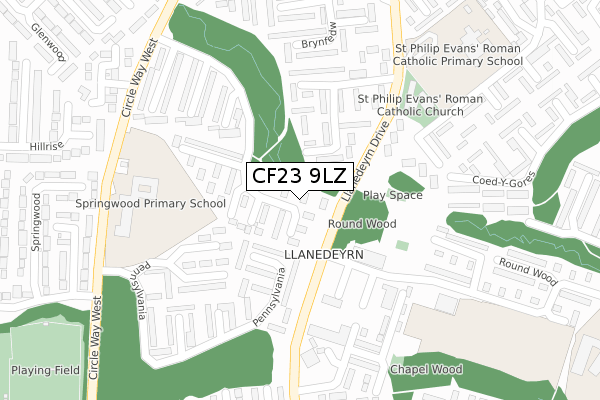 CF23 9LZ map - large scale - OS Open Zoomstack (Ordnance Survey)