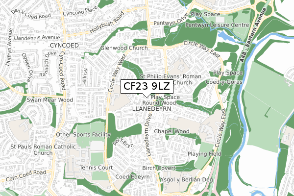 CF23 9LZ map - small scale - OS Open Zoomstack (Ordnance Survey)