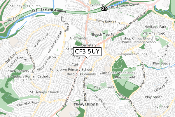 CF3 5UY map - small scale - OS Open Zoomstack (Ordnance Survey)