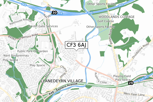 CF3 6AJ map - small scale - OS Open Zoomstack (Ordnance Survey)