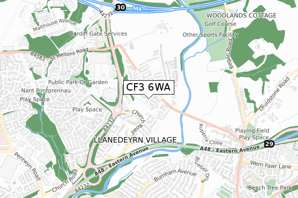 CF3 6WA map - small scale - OS Open Zoomstack (Ordnance Survey)