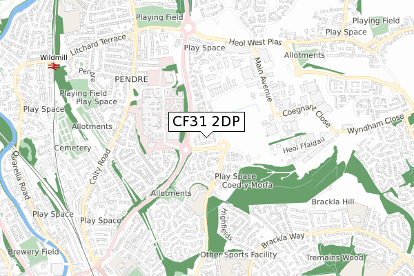 CF31 2DP map - small scale - OS Open Zoomstack (Ordnance Survey)