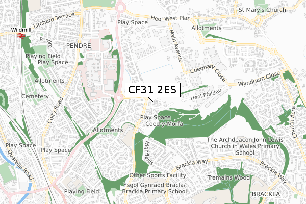 CF31 2ES map - small scale - OS Open Zoomstack (Ordnance Survey)