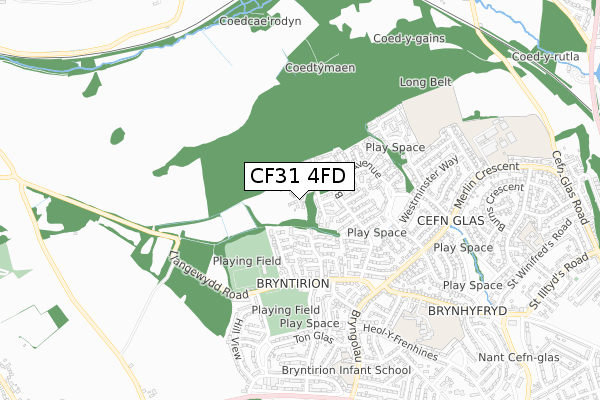 CF31 4FD map - small scale - OS Open Zoomstack (Ordnance Survey)