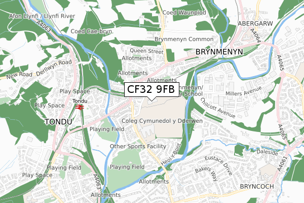 CF32 9FB map - small scale - OS Open Zoomstack (Ordnance Survey)