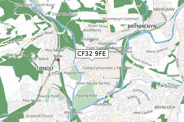 CF32 9FE map - small scale - OS Open Zoomstack (Ordnance Survey)