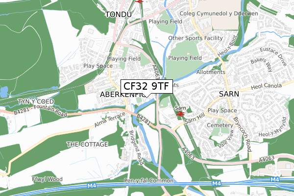 CF32 9TF map - small scale - OS Open Zoomstack (Ordnance Survey)