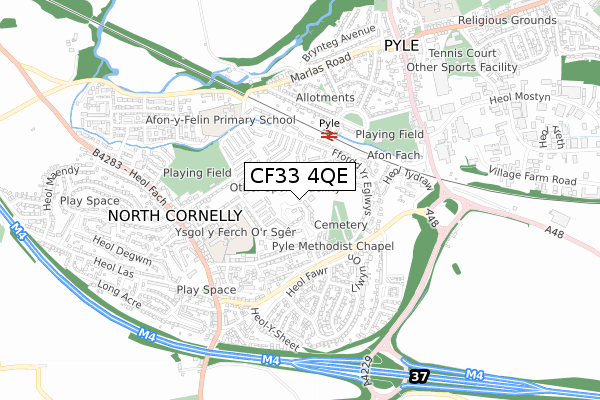 CF33 4QE map - small scale - OS Open Zoomstack (Ordnance Survey)