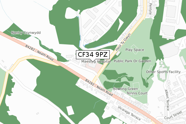 CF34 9PZ map - large scale - OS Open Zoomstack (Ordnance Survey)