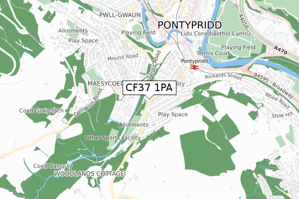 CF37 1PA map - small scale - OS Open Zoomstack (Ordnance Survey)