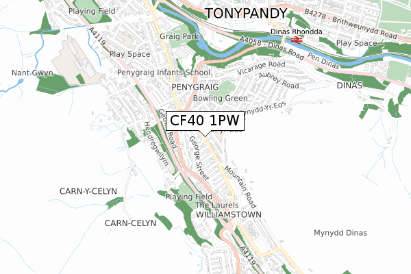 CF40 1PW map - small scale - OS Open Zoomstack (Ordnance Survey)