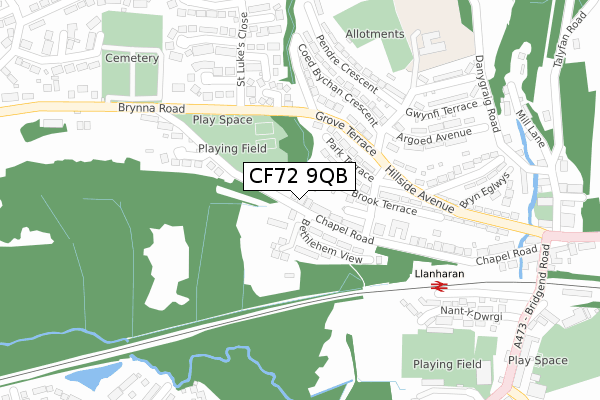 CF72 9QB map - large scale - OS Open Zoomstack (Ordnance Survey)