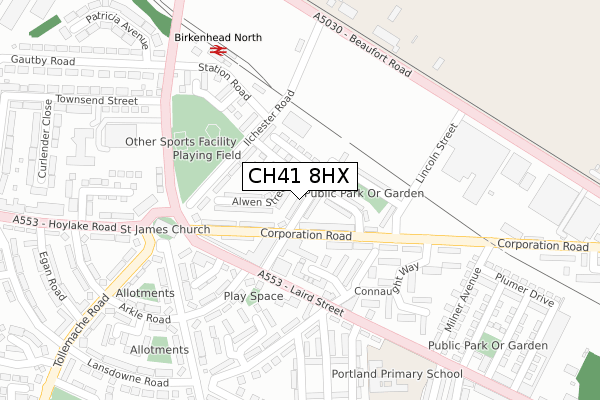 CH41 8HX map - large scale - OS Open Zoomstack (Ordnance Survey)