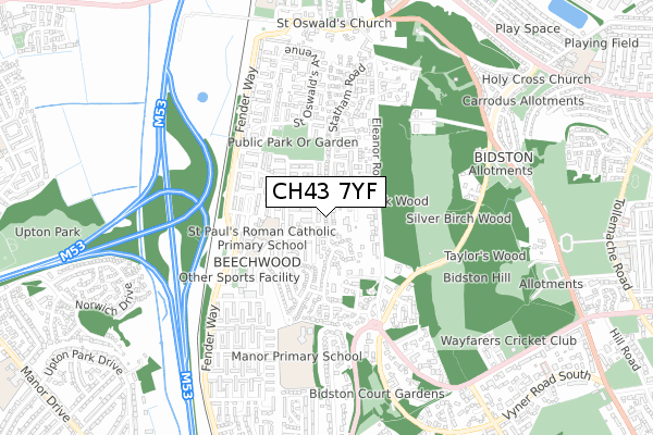 CH43 7YF map - small scale - OS Open Zoomstack (Ordnance Survey)