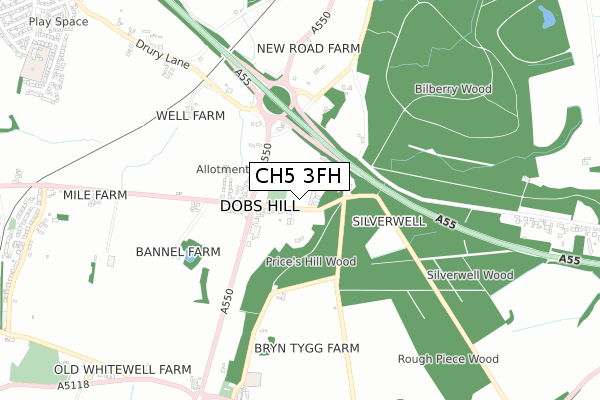 CH5 3FH map - small scale - OS Open Zoomstack (Ordnance Survey)