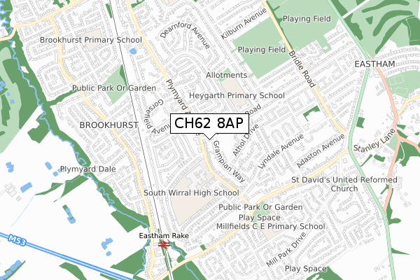 CH62 8AP map - small scale - OS Open Zoomstack (Ordnance Survey)