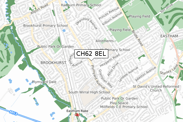 CH62 8EL map - small scale - OS Open Zoomstack (Ordnance Survey)