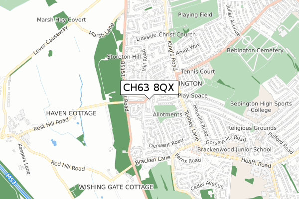 CH63 8QX map - small scale - OS Open Zoomstack (Ordnance Survey)