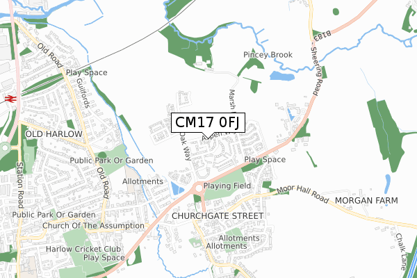 CM17 0FJ map - small scale - OS Open Zoomstack (Ordnance Survey)