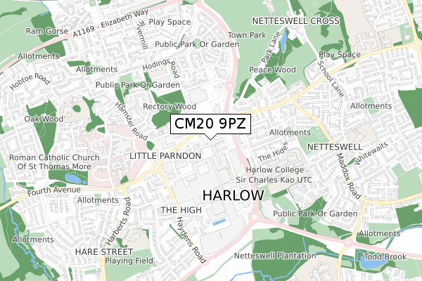 CM20 9PZ map - small scale - OS Open Zoomstack (Ordnance Survey)