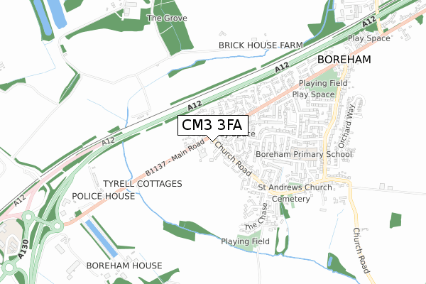 CM3 3FA map - small scale - OS Open Zoomstack (Ordnance Survey)