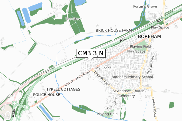 CM3 3JN map - small scale - OS Open Zoomstack (Ordnance Survey)