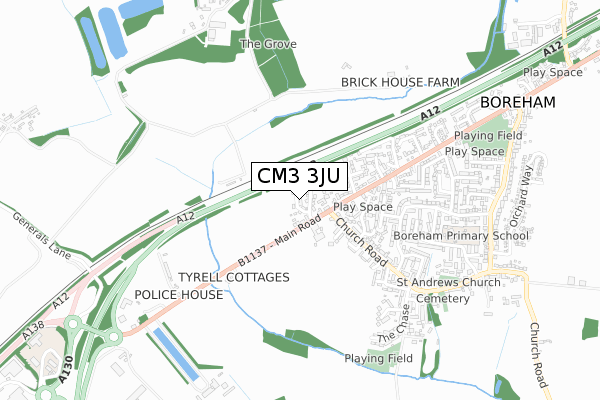 CM3 3JU map - small scale - OS Open Zoomstack (Ordnance Survey)