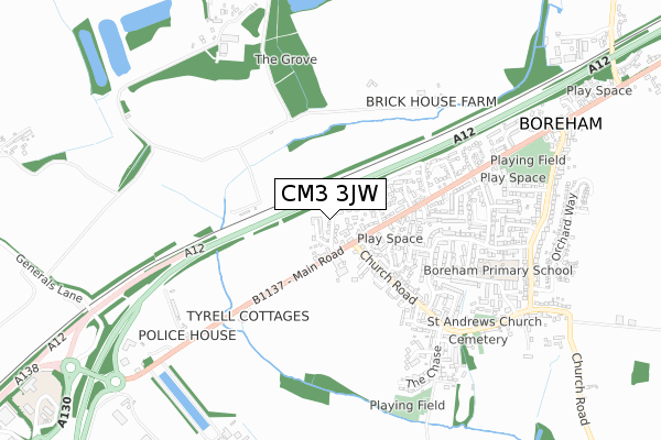 CM3 3JW map - small scale - OS Open Zoomstack (Ordnance Survey)