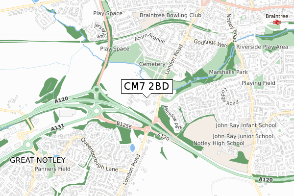 CM7 2BD map - small scale - OS Open Zoomstack (Ordnance Survey)