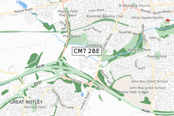 CM7 2BE map - small scale - OS Open Zoomstack (Ordnance Survey)