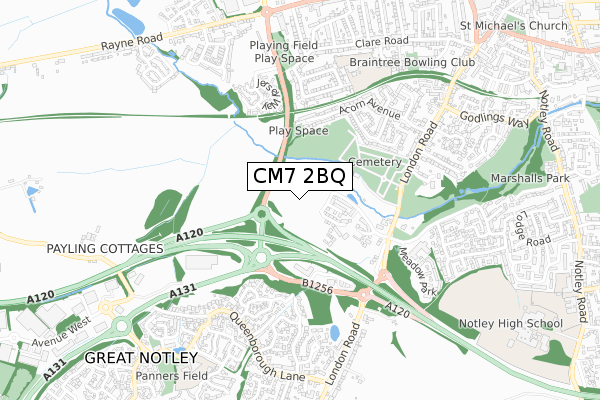 CM7 2BQ map - small scale - OS Open Zoomstack (Ordnance Survey)