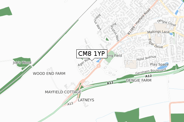 CM8 1YP map - small scale - OS Open Zoomstack (Ordnance Survey)