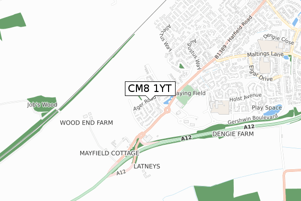 CM8 1YT map - small scale - OS Open Zoomstack (Ordnance Survey)