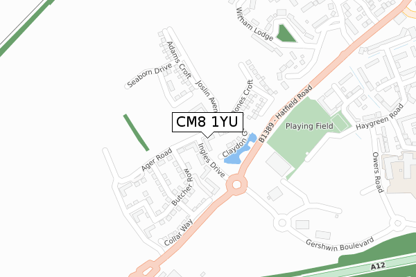 CM8 1YU map - large scale - OS Open Zoomstack (Ordnance Survey)