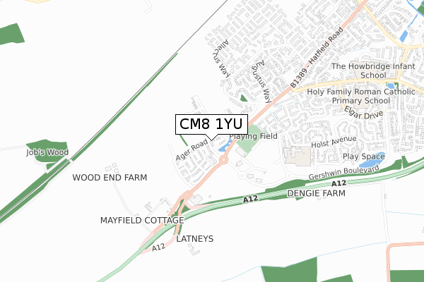 CM8 1YU map - small scale - OS Open Zoomstack (Ordnance Survey)