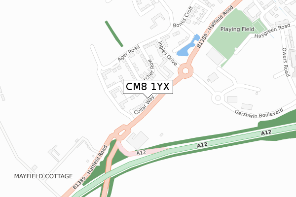 CM8 1YX map - large scale - OS Open Zoomstack (Ordnance Survey)