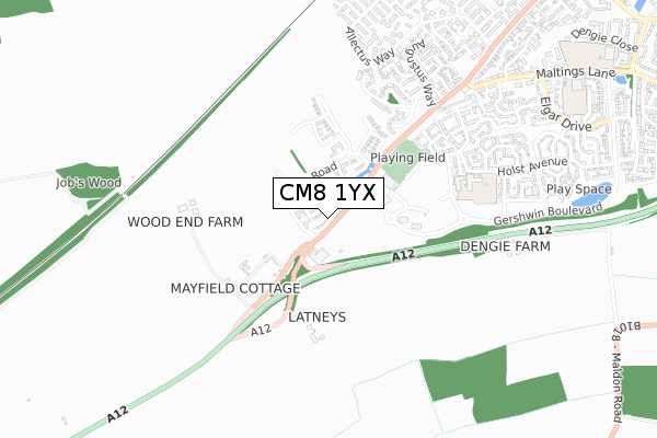 CM8 1YX map - small scale - OS Open Zoomstack (Ordnance Survey)