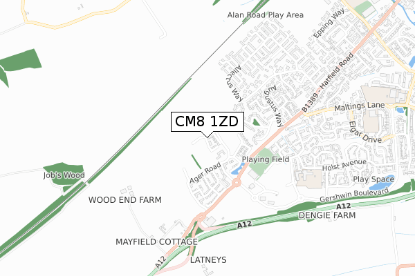 CM8 1ZD map - small scale - OS Open Zoomstack (Ordnance Survey)