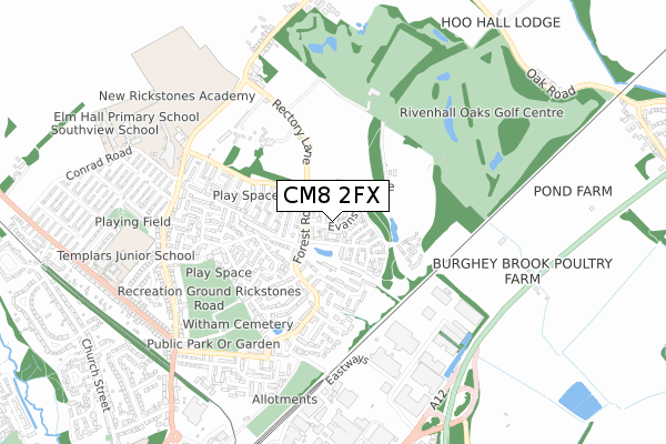 CM8 2FX map - small scale - OS Open Zoomstack (Ordnance Survey)