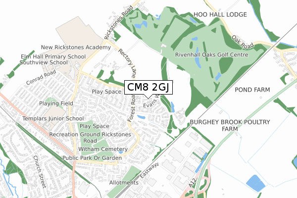 CM8 2GJ map - small scale - OS Open Zoomstack (Ordnance Survey)