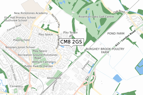 CM8 2GS map - small scale - OS Open Zoomstack (Ordnance Survey)