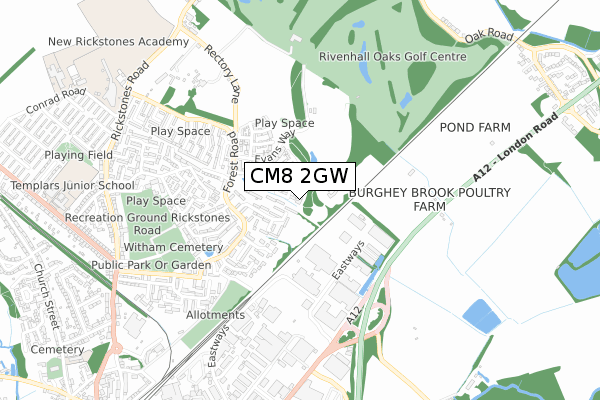 CM8 2GW map - small scale - OS Open Zoomstack (Ordnance Survey)