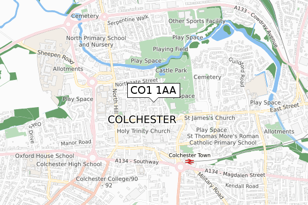 CO1 1AA map - small scale - OS Open Zoomstack (Ordnance Survey)